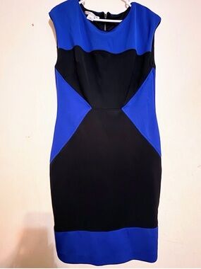 Maggy London Blue and Black Sleeveless Colorblock Midi Sheath